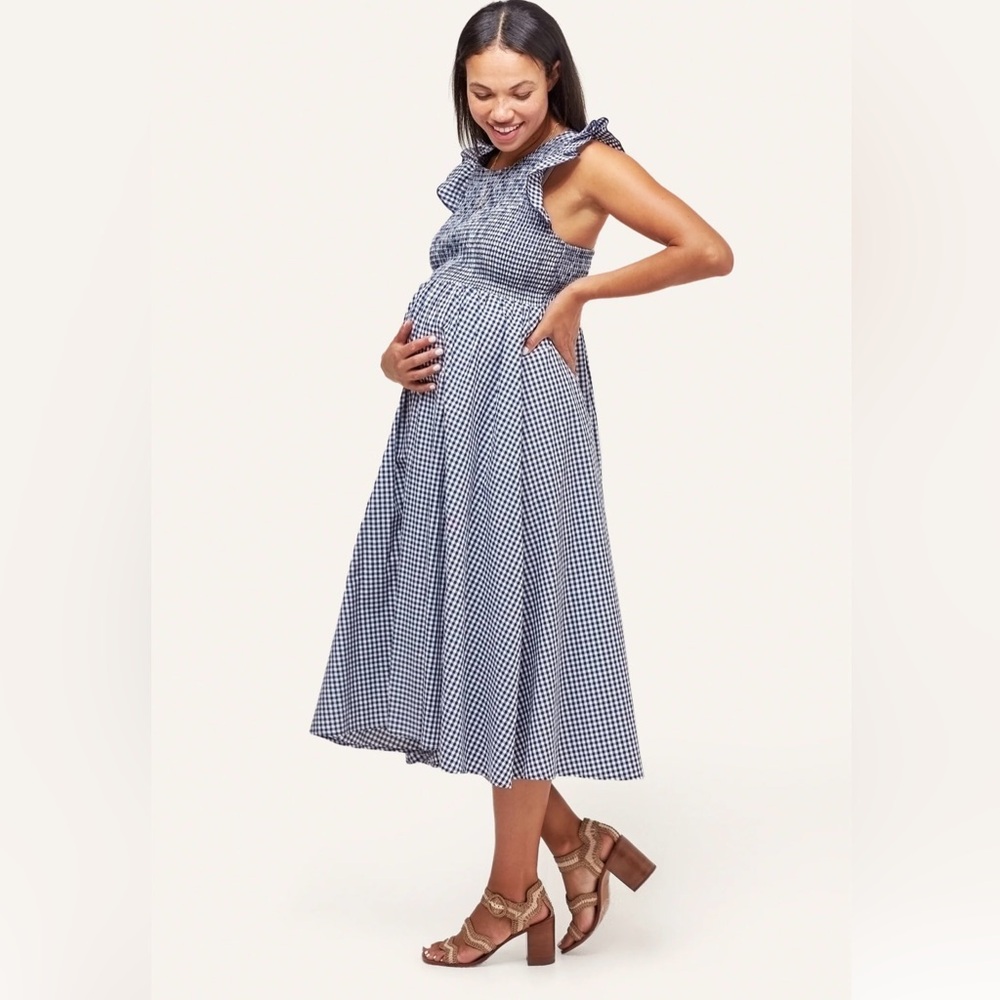 NOM Harper Gingham Midi Smocked Maternity Dress